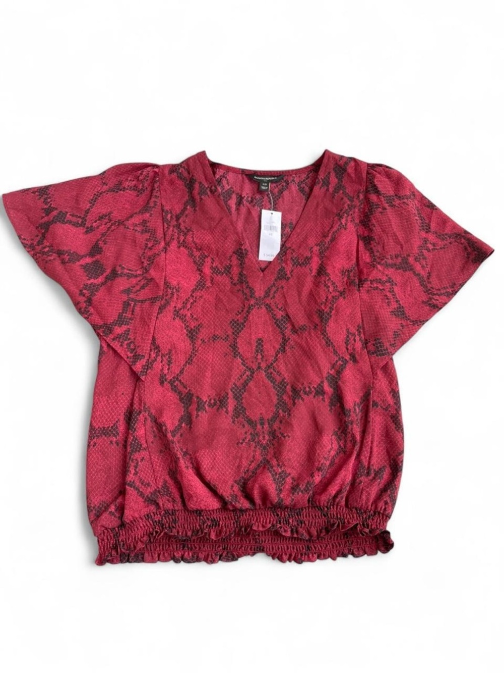 Banana Republic NWT Red Black Snake Print Pattern Blouse With Ruffle Hem XS NEW